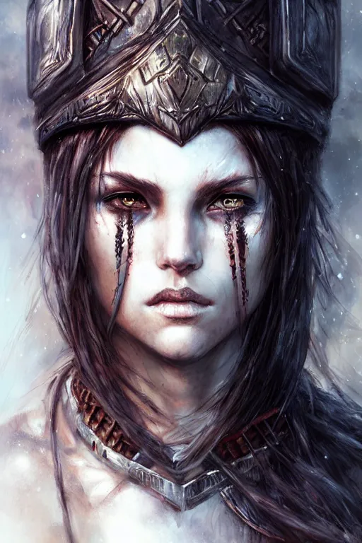 Prompt: head and shoulders portrait of a barbarian, female, high fantasy, dnd, by wlop, luis royo