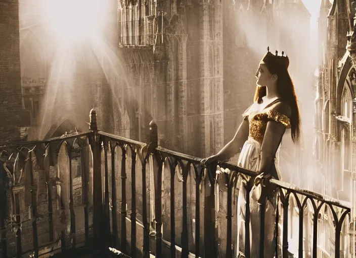 Image similar to a beautiful queen stands on a balcony overlooking a fantasy medieval gothic city, beautiful dramatic golden light and glow rays, 3 5 mm photography