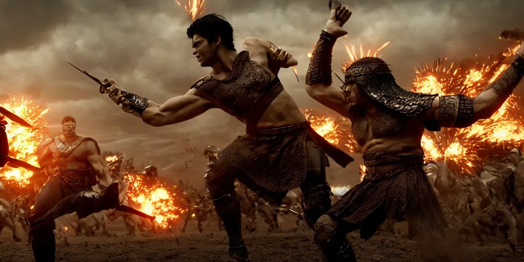 Image similar to epic battle screen of hero, film still from the movie'3 0 0'( 2 0 0 6 ), 3 d, 8 k realistic, cryengine, playstion 5 screen, cinematic lighting