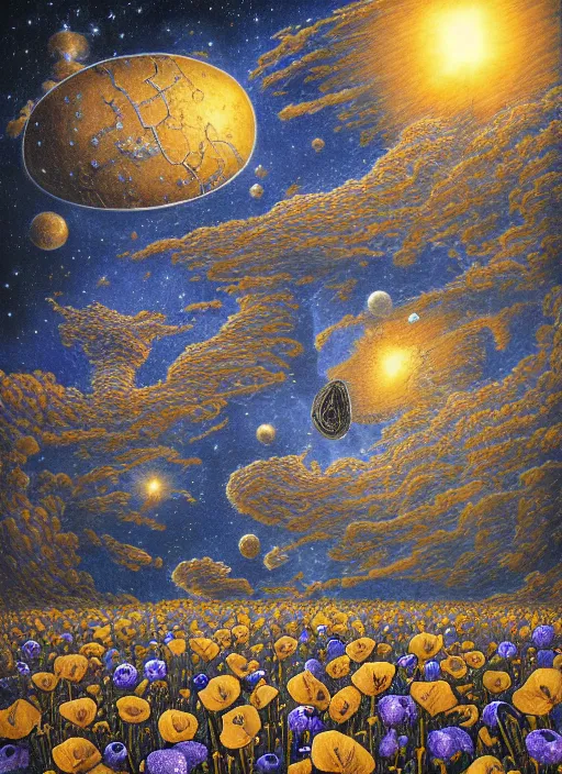 Image similar to detailed, intricate blue black and purple papaverum flower on the field, nebula, galaxy in the sky, winning award masterpiece, fantastically beautiful, illustration, aestheticly inspired, jacek yerka, upscale with anguissola sofonisba work, artstation, 8 k