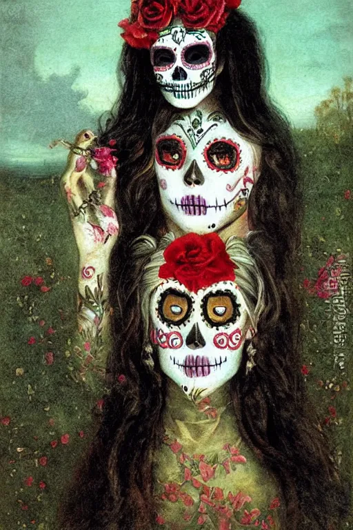 Image similar to Illustration of a sugar skull day of the dead girl, art by arnold bocklin