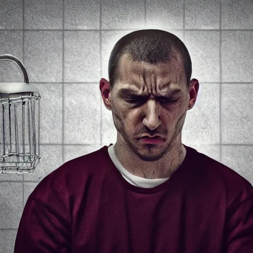 Image similar to angry prisoner alone in his cell setting up a video call using an ipad, photorealistic, frustrated expression, dark