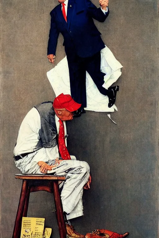 Image similar to “ a norman rockwell painting of donald trump caught with his pants down. ”