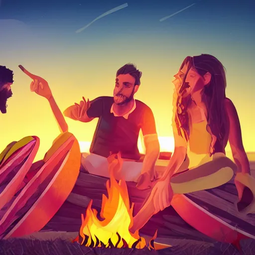 Prompt: team discussing around bonfire, sunset, third person view, clothes with pattern of pieces of watermelon, detailed, artstation,