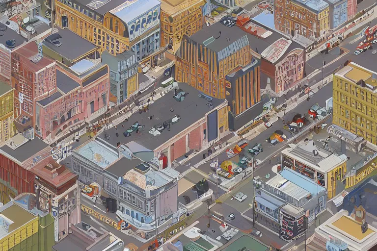 Image similar to highly detailed isometric illustration of a city scape by Wes Anderson, hyperrealistic, photorealistic, artstyle, highly detailed, sharp