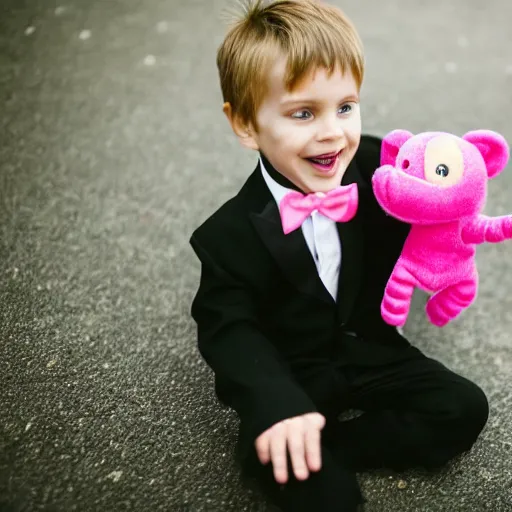 Image similar to little boy being taken away from family by a pink monkey wearing a black tie