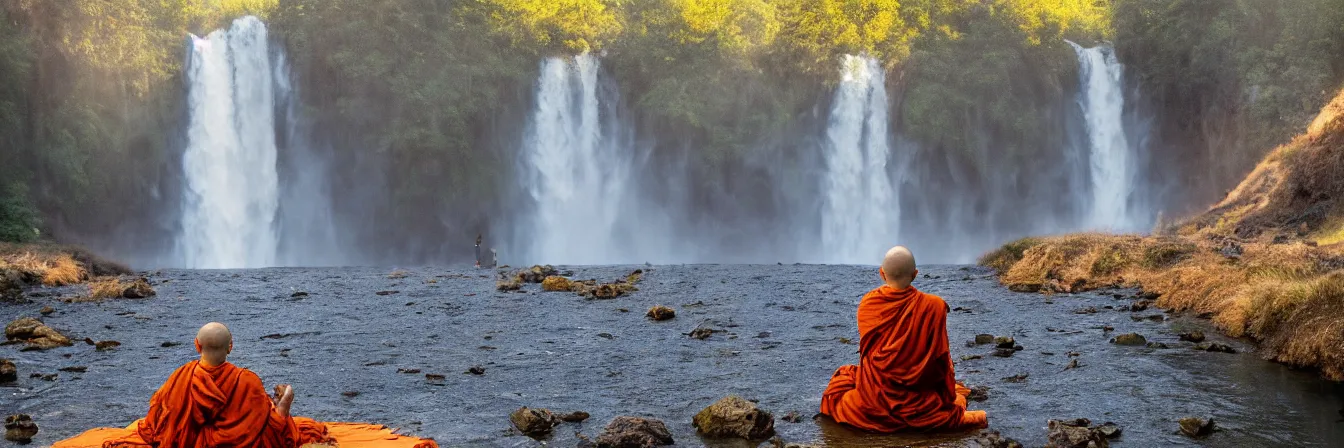 Image similar to dang ngo, annie leibovitz, steve mccurry, a simply breathtaking shot of mediating monk in orange, giantic waterfall, sunshine, golden ratio, wide shot, symmetrical