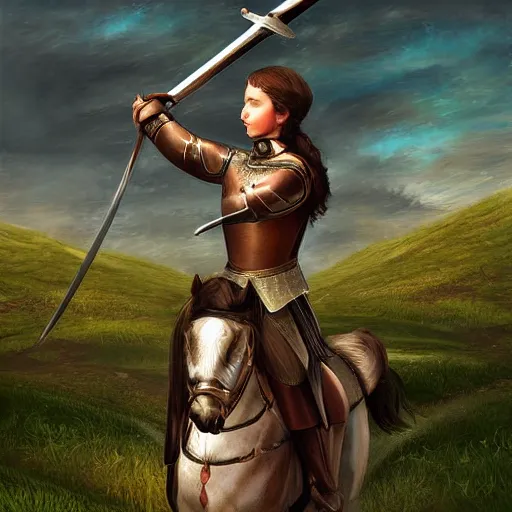 Prompt: A beautiful, brown-haired Joan of Arc Jeanne d'arc in a shining armor raising her sword, standing victorious on a green hill, digital art