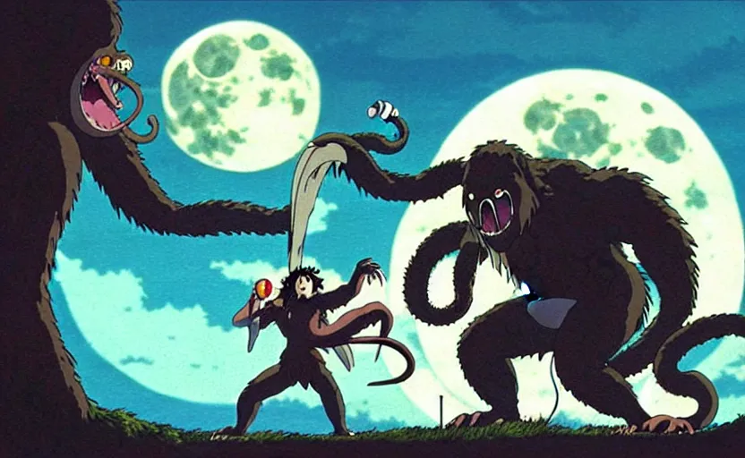 Image similar to a still from a studio ghibli movie of a cartoon cthulhu fighting king kong from princess mononoke ( 1 9 9 7 ), in front of a pale full moon, full body, wide shot, very dull muted colors, studio ghibli, highly detailed, deviantart, art by artgem