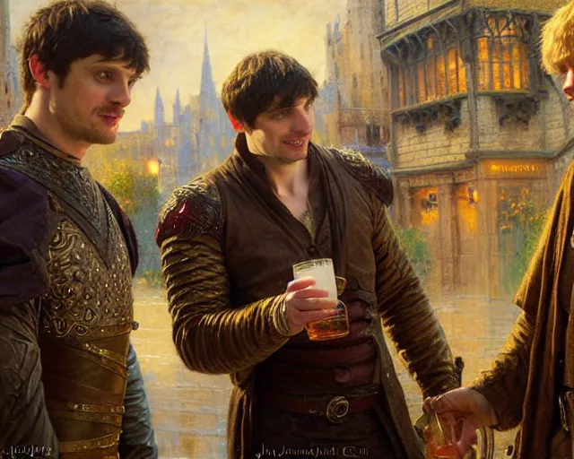 Prompt: attractive bradley james as arthur pendragon and attractive colin morgan as merlin go to a pub together to have some drinks. highly detailed painting by gaston bussiere, craig mullins, j. c. leyendecker 8 k