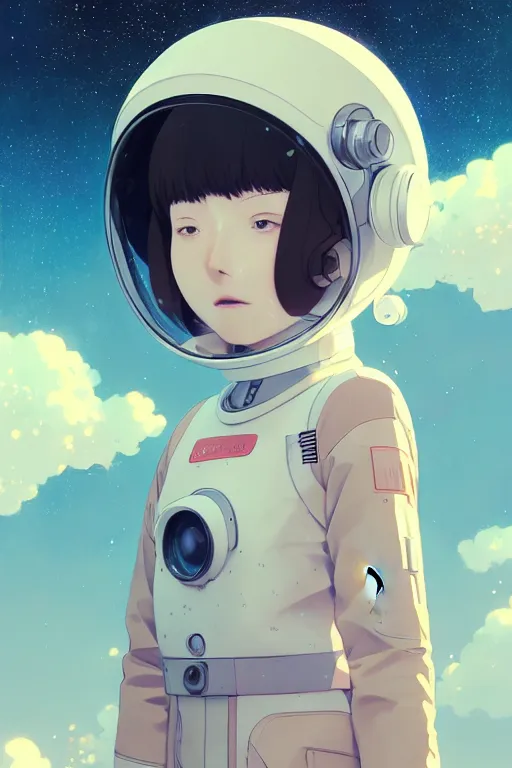 Image similar to portrait of a girl with astronaut helmets by range murata, cloudy sky background lush landscape ln illustration concept art anime key visual trending pixiv by victo ngai fanbox by greg rutkowski makoto shinkai takashi takeuchi studio ghibli