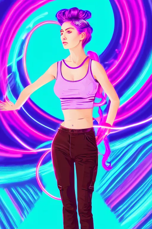 Image similar to a award winning half body portrait of a beautiful woman in a croptop and cargo pants with ombre purple pink teal hairstyle and hands in pockets by ari liloan, surrounded by whirling illuminated lines, outrun, vaporware, shaded flat illustration, digital art, trending on artstation, highly detailed, fine detail, intricate