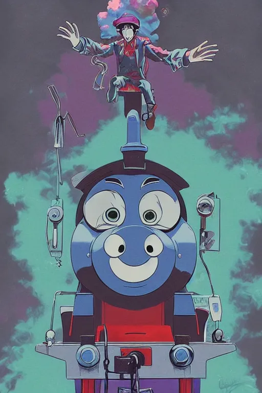 Image similar to concept art painting of a demonic thomas the tank engine, artgerm, moebius, inio asano, toon shading, cel shading, calm, tranquil, vaporwave colors,