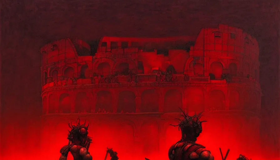 Image similar to only with red, a lightly armored gladiator in a crowded roman amphitheatre, crowd cheering, in the style of beksinski and edward hopper and rodcenko and yue minjun and artgerm, intricate and epic composition, red by caravaggio, highly detailed, masterpiece, red light, artstation, art nouveau