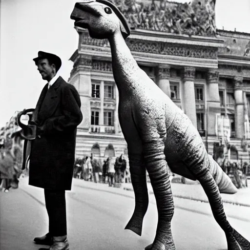 Image similar to french parasaurolophus walking in the streets of paris, 3 5 mm, 1 9 5 4, low angl