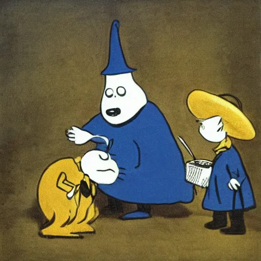 Image similar to moominpoppa with wide scared eyes holding and biting moomintroll, goya painting