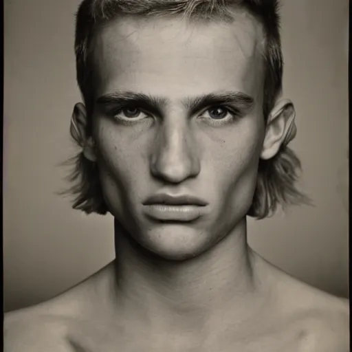 Image similar to portrait of a young 2 5 year old blonde blued serbian man photographed by robert mapplethorpe