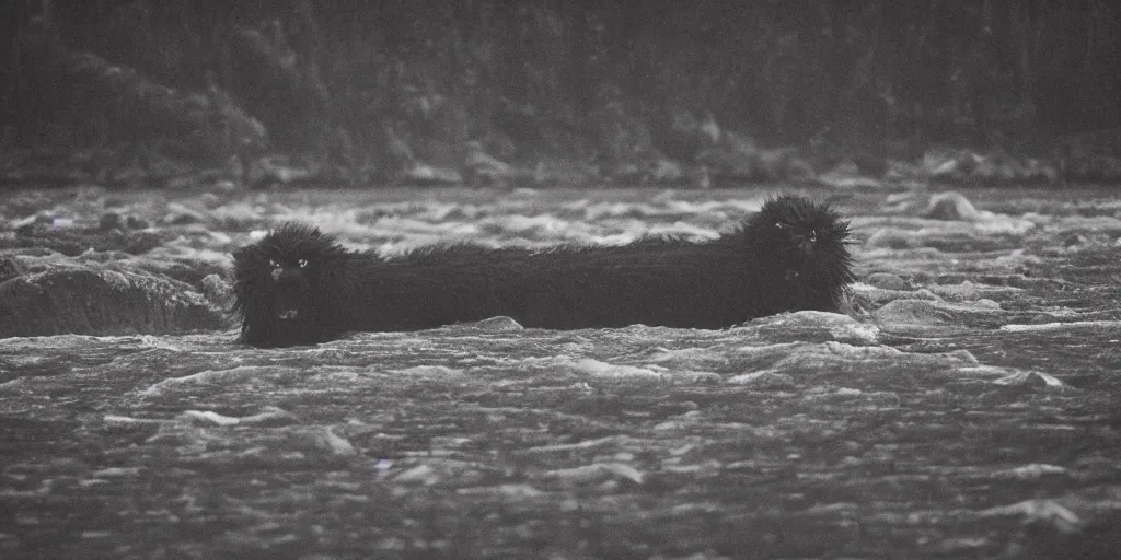 Image similar to hairy evil cryptid standing in an alaskan river at night, flash light, long lens, telephoto, Monster