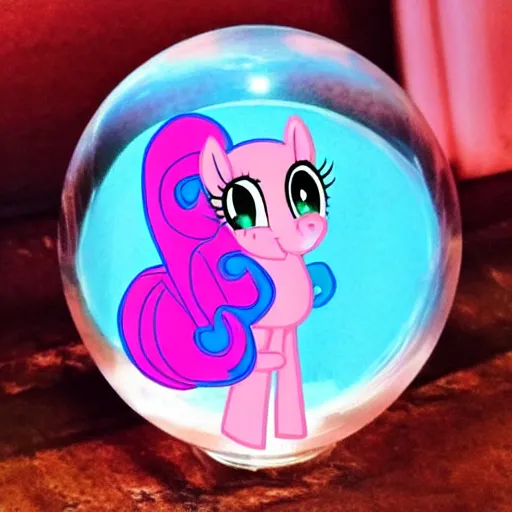 Image similar to Pinkie Pie 💓🐴 trapped inside a crystal ball 🔒🔮