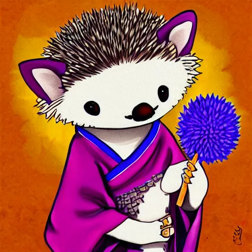 Image similar to adorable hedgehog in a kimono, holding a purple dandelion, art, digital art