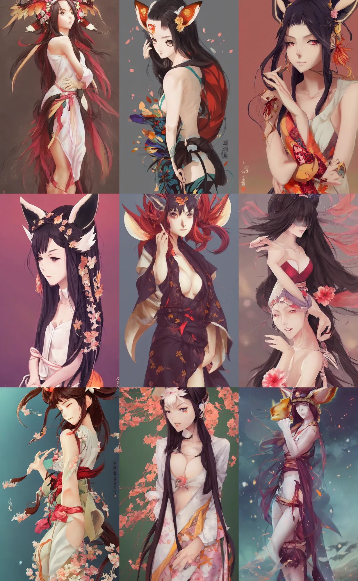 Prompt: A beautiful anime-style full-body digital portrait of a beautiful young woman with fox ears and nine fox tails wearing a kimono, by Stanley Artgerm Lau, WLOP, Rossdraws, LeraPi, and Sakimichan, tranding on artstation, SFW version