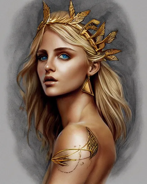 Image similar to tattoo design sketch of cute beautiful blonde super model as aphrodite greek goddess wearing a gold laurel wreath and triangle earrings, beautiful piercing gaze with sharp pupils, in the style of greg rutkowski, fantasy, amazing detail, epic, elegant, smooth, sharp focus, front view