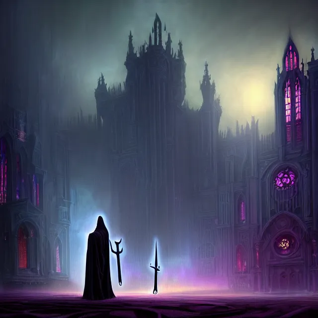 Image similar to Beautiful portrait 3d render of the gothic grim reaper with a scythe, centered face, portrait, atmospheric lighting, painted, intricate, volumetric lighting, beautiful, rich deep colors masterpiece, sharp focus, ultra detailed, in the style of Dan Mumford and marc simonetti, with a crowded futuristic cyberpunk church city in the background, astrophotography