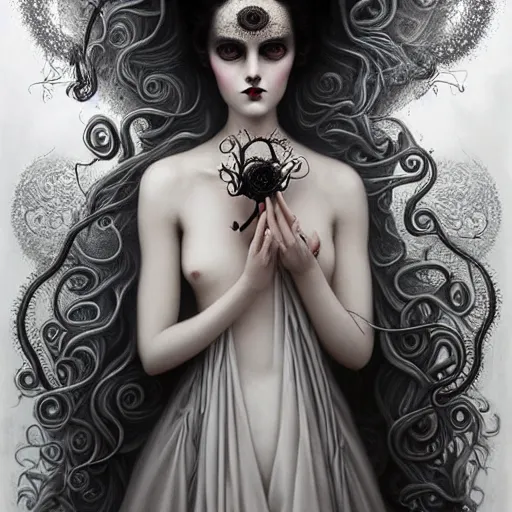 Prompt: By Tom Bagshaw, ultra realist soft painting of a curiosities carnival spikes flowers and tentacles by night, beautiful dark eyed evil porcelain doll in full long dress, symmetry accurate features, very intricate details, omnious sky, black and white, volumetric light clouds
