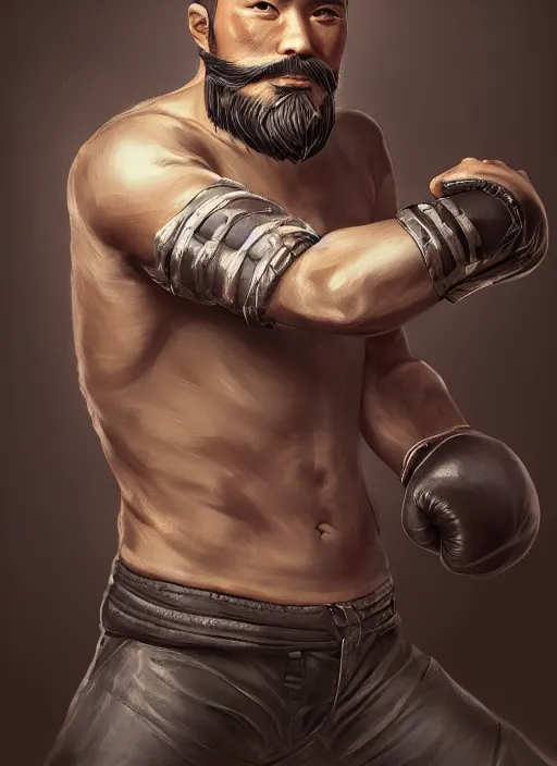 Image similar to a highly detailed illustration of bearded asian man wearing leather jacket with bandaged right hand, focused boxing philly shell stance pose, hands shielding face, intricate, elegant, highly detailed, centered, digital painting, artstation, concept art, smooth, sharp focus, league of legends concept art, WLOP