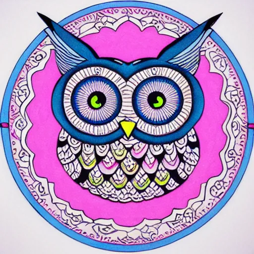 Prompt: owl, mandala, pink, blue, beautiful, art