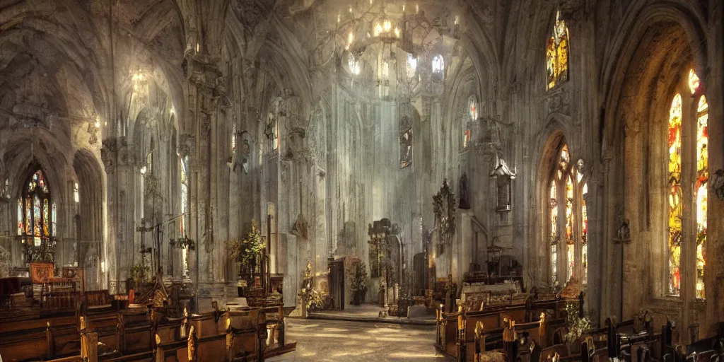 Image similar to a photo of a fantasy world, jesus, church