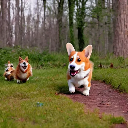 Image similar to corgi monster, children running away, forest