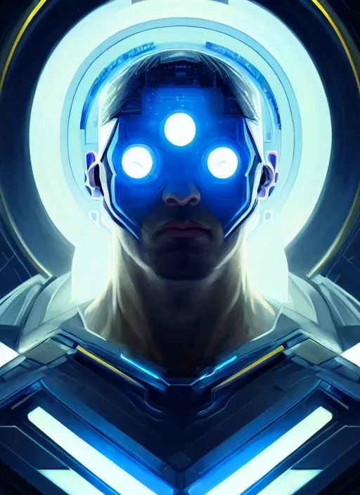 Prompt: symmetry!! portrait of a strong man, sci - fi, tech wear, blue and yellow glowing lights!! intricate, elegant, highly detailed, digital painting, artstation, concept art, smooth, sharp focus, illustration, art by artgerm and greg rutkowski and alphonse mucha