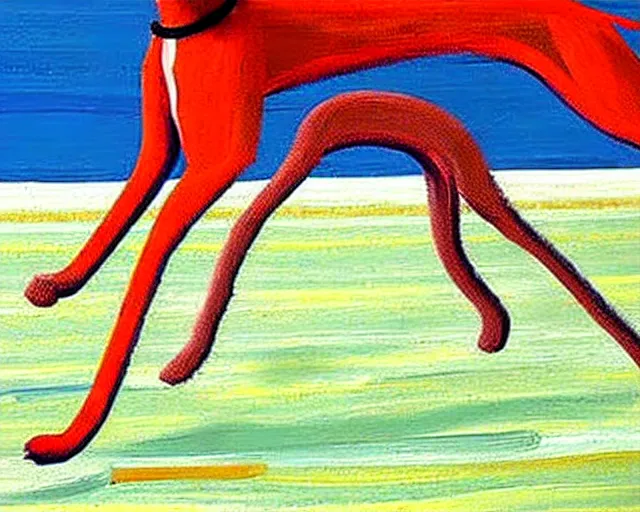 Image similar to close-up of a whippet running at beach, painting by david hockney, highly detailed