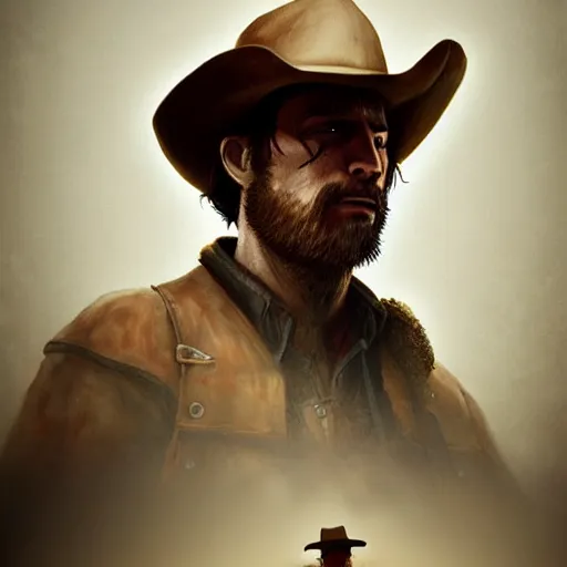 Image similar to a lonely cowboy, DeviantArt, art station, concept art, illustration, highly detailed, artwork, cinematic, hyper realistic