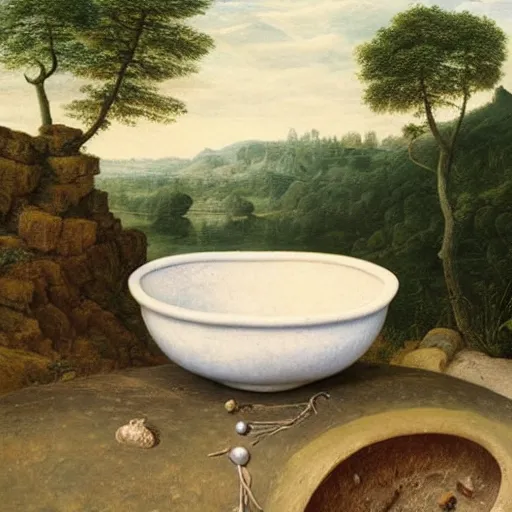 Image similar to still life of a stone bowl containing a miniature landscape, surrealism, photorealistic, river and trees and hills, extremely detailed, by clara peeters and rob gonsalves and caspar david friedrich