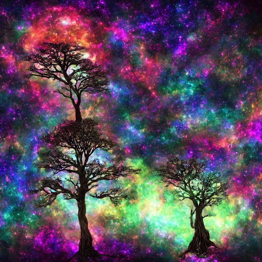 Image similar to tree of life, Cosmic tree of life, trees, Tree in a galaxy made of stars, space, nebulas stars Dmt Psychedelic cosmos, cosmic, Hallucination, night sky; 8k, artstation, unreal engine, octane render, hdr, surrealistic, hyperrealism, glow, photorealistic, volumetric lighting, Dreamy, dynamic, mystical