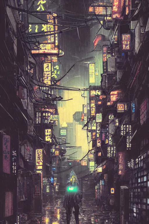 Image similar to a cyberpunk samurai in a raining cobblestone alleyway in tokyo, neon lights, full moon, fog cinematic greg rutkowski anime art hunter x hunter togashi