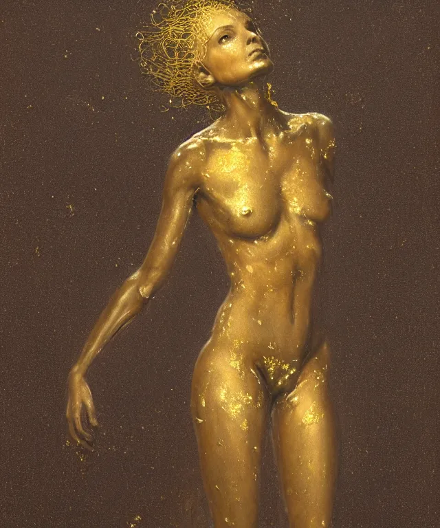 Image similar to Beautiful full-body wax sculpture of glowing transparent woman in glowing cloth with visible gold bones covered with melted white wax inside the singularity where stars becoming baroque folds of dark matter by Michelangelo da Caravaggio, Nicola Samori, William Blake, Alex Grey and Beksinski, dramatic volumetric lighting, highly detailed oil painting, 8k, masterpiece