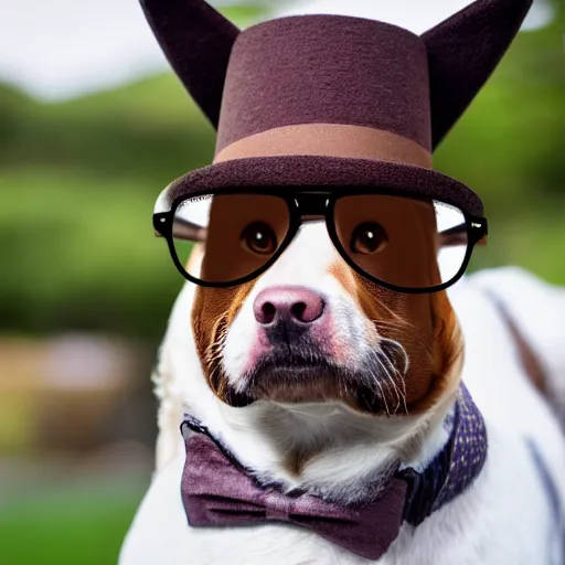 Prompt: a brown dog in a top hat with an eyeglass