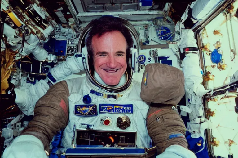 Image similar to 35mm Robbin Williams color portrait photo on the international space station, by Emmanuel Lubezki