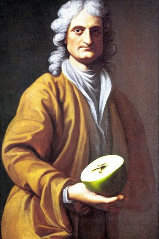 Image similar to isaac newton holding an apple