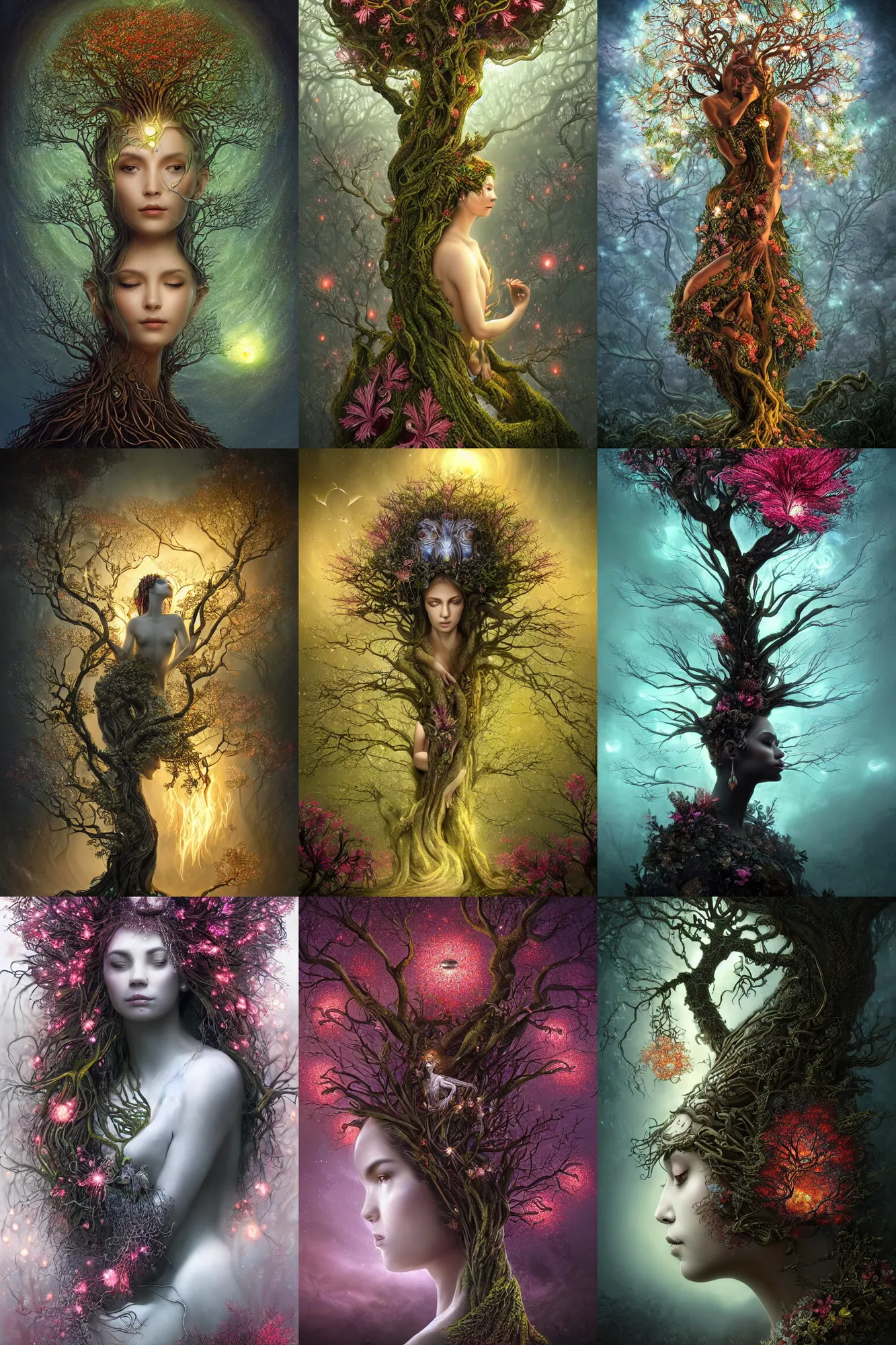 Prompt: a stunning ultra detailed fantasy fine art portrait of a tree goddess connected to sinuous barren trees, lit by glowing fireflies, surrounded by blooming hibiscus and jasmine, misty night, very detailed, sharp focus, 8 5 mm lens, soft ethereal lighting, artstation, 8 k, by tomasz alen kopera, igor morski and natalie shau