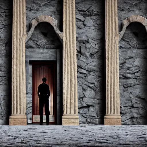 Image similar to man standing in a completely dark room in front of huge stone door slightly open and light is shining through, digital art