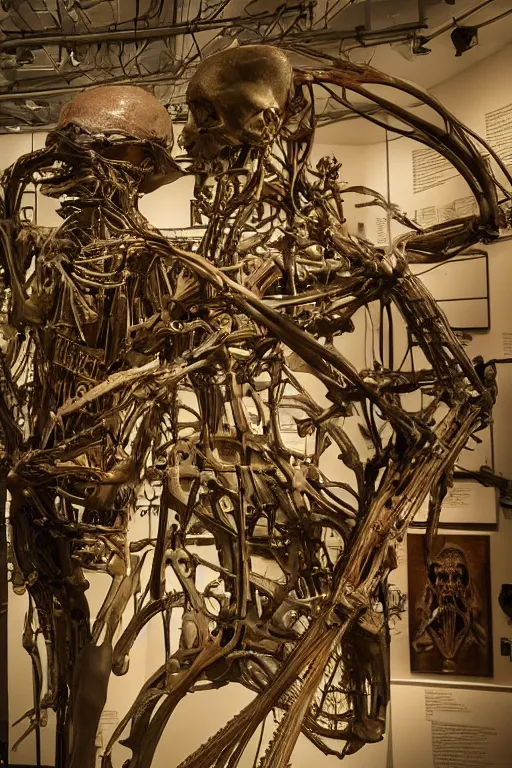 Image similar to inside a museum, a room where anatomical torso body parts are piece of arts by Rob Bottin at night biomechanical, filth and grim, wires and strings, very detailed, ultra realistic photography, grainy image