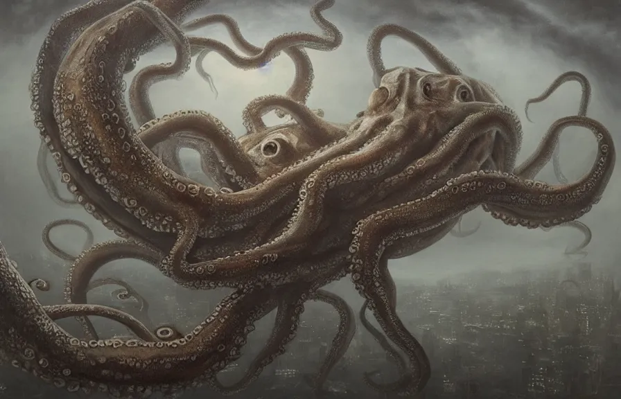 Image similar to aerial!!!! view of a giant octopus monster moving through a foggy, dim, detailed city, extremely detailed!!! oil painting, dull palette