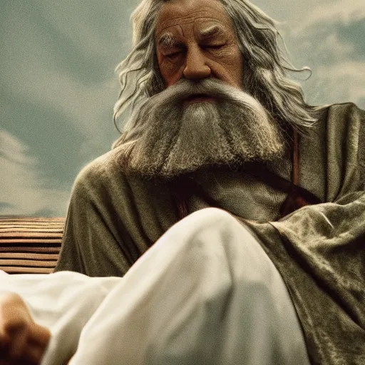 Image similar to picture of gandalf the grey relaxing at a poolside, 3 d, cinematic lighting