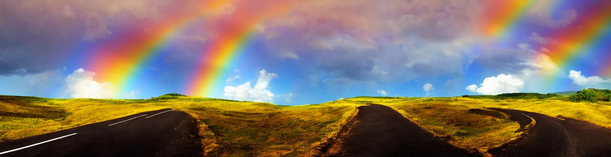 Image similar to a wide and vast landscape with sunny sky and clouds, road over hill with rainbow in background, cinematic lighting, digital art