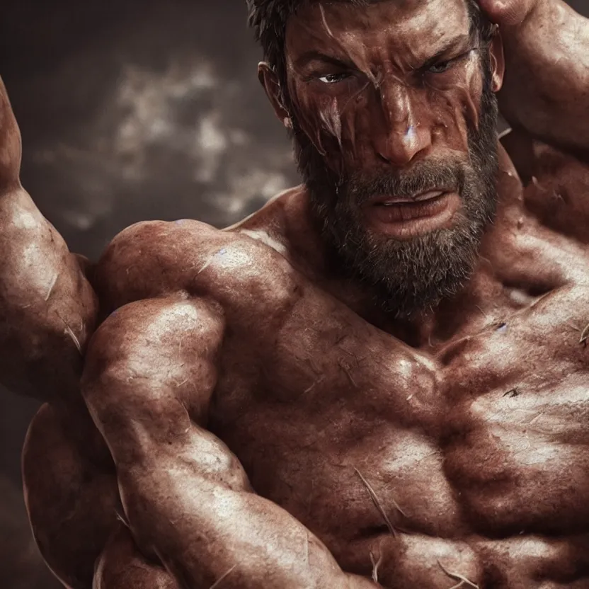 Prompt: a muscular man wearing torn clothes, looking to the right, profile picture, hyperrealistic, concept art, octane render, unreal engine 5, trending on artstation, high quality, highly detailed, 8 k, dramatic lighting, cinematic, high coherence, anatomically correct, five fingers, digital art, seductive
