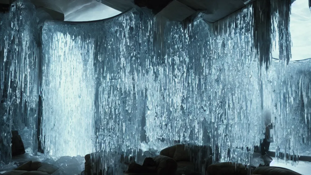 Image similar to a giant hand made of water and ice rampages through the living room, film still from the movie directed by Denis Villeneuve with art direction by Salvador Dalí, wide lens